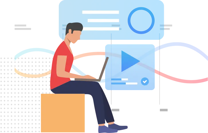 Business professional using laptop with data visuals