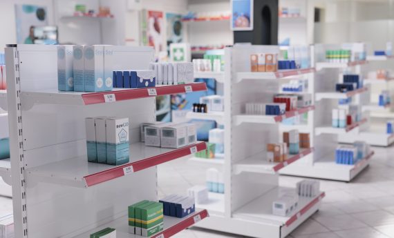 Empty drugstore with bottles and packages full with medicaments Empty drugstore with bottles and packages full with medicaments, retail shop shelves with pharmaceutical products. Pharmacy space filled with medical drugs and pills, vitamins boxes.